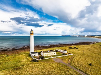 Barns Ness Lighthouse from a drone, Dunbar, East Lothian, Scotland, UK