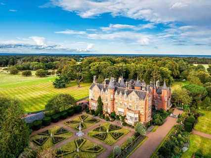 Tyninghame House over River Tyne from a drone, East Lothian, Scotland, UK
