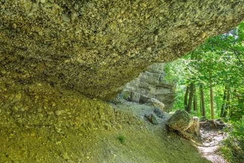 Konglomeratfelsen und Wanderweg im Naturschutzgebiet Steyr Fluss, Molln, Oberösterreich, Österreich
