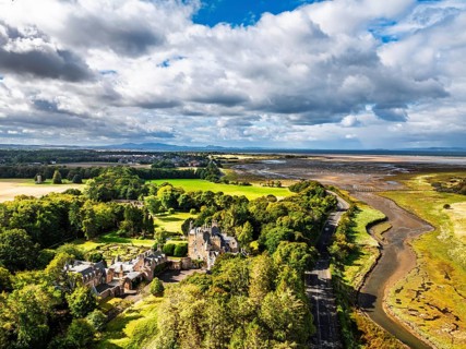 Luffness Castle from a drone, Aberlady, East Lothian, Scotland, UK
