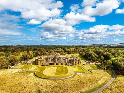 View of Gosford House from a drone, Longniddry, East Lothian, Scotland, UK