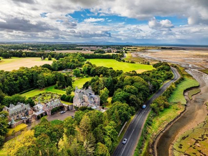 Luffness Castle from a drone, Aberlady, East Lothian, Scotland, UK