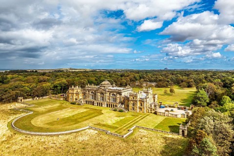 View of Gosford House from a drone, Longniddry, East Lothian, Scotland, UK