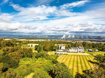 Dundas Castle over South Queensferry from a drone, Edinburgh, Scotland, UK