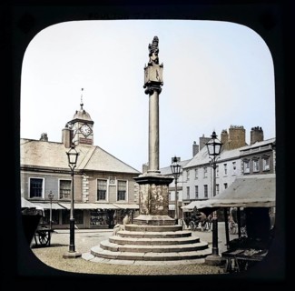 Colorised magic lantern slide by Poulton of market cross monument, Carlisle, Cumbria, England, UK c