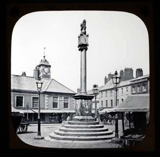 Magic lantern slide by Poulton of market cross monument, Carlisle, Cumbria, England, UK c 1900