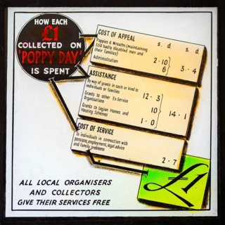 Magic lantern slide used in cinemas for advertising about the poppy day appeal, UK c 1940s or 1950s
