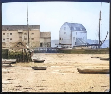Colourised magic lantern slide of the Tide Mill and River Deben at Woodbridge, Suffolk, England, UK