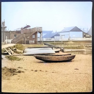 Colourised magic lantern slide of River Deben and railway station Woodbridge, Suffolk, England, UK