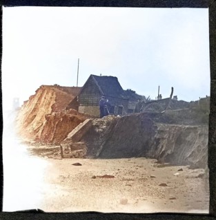 Colorised magic lantern slide of coastal erosion at village of Dunwich, Suffolk, England, UK c 1900