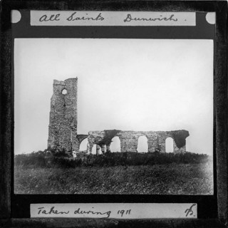 Magic lantern slide of ruin of All Saints church on clifftop at Dunwich, Suffolk, England, UK 1911