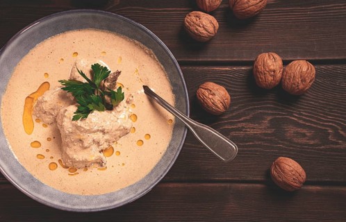 Satsivi, Georgian dish, chicken in nut sauce, cold appetizer, rustic, no people, homemade