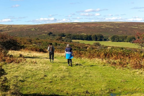 Two women, mother and daughter, walking on moorland in autumn, near Hayford, Buckfastleigh,
