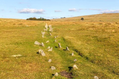 Rows of standing stones at Merrivale prehistoric ceremonial complex Dartmoor national park, Devon,