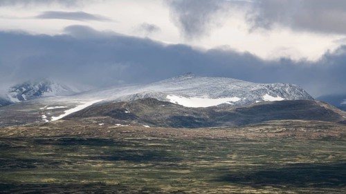 Blick auf schneebedeckte Berggipfel und baumlose Landschaft, Wolken, Pilgerweg Olavsweg, Olavsleden