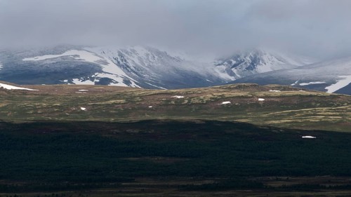 Blick auf schneebedeckte Berggipfel, Wolken, Olavsweg, Olavsleden oder Pilgrimsleden, Dovrefjell,