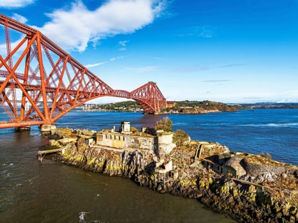 Inch Garvie Castle from a drone, Forth Bridge, Queensferry Crossing, Forth Estuary, Scotland,