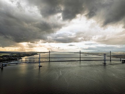Rain clouds over Forth Road Bridge and The Queensferry Crossing from a drone, Queensferry Crossing,