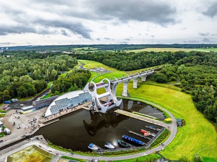 Filkirk Wheel from a drone, Forth and Clyde Canal, Falkirk, Scotland, UK