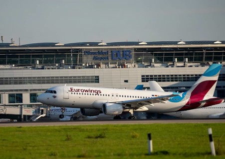 Eurowings Airbus lands at Düsseldorf Airport, North Rhine-Westphalia, Germany