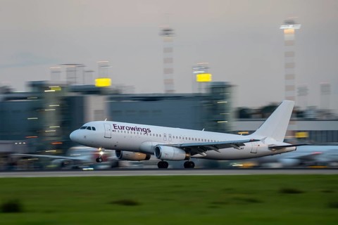 Eurowings Airbus lands at Düsseldorf Airport, North Rhine-Westphalia, Germany