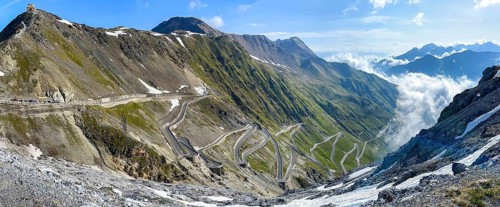 Panoramic view of the north ramp east ramp Ascent from pass road to mountain pass Alpine pass with