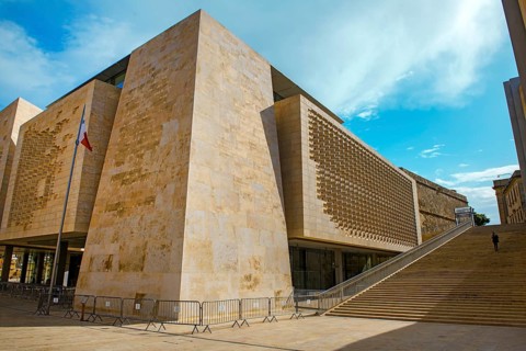 Parliament building by Renzo Piano with sandstone façade in Maltese capital of Malta Valletta, next