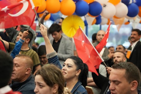 Gaziantep, Türkiye – May 28, 2023. Members of the ruling Justice and Development Party (AKP) follow