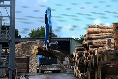 Wood storage and mechanical log transport on the premises of Energie-Mann in the Westerwald. Wood