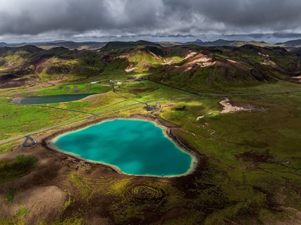 Lake, volcanic crater, volcanic landscape, mountains, cloudy, aerial view, summer, Graenavatn,