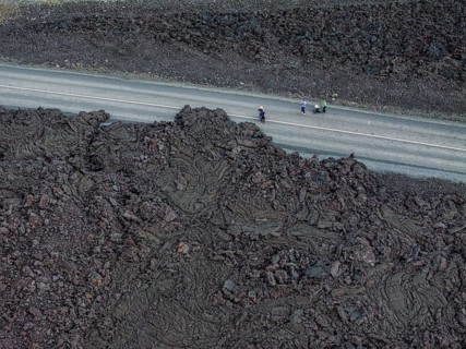 Lava, lava field, road, destroyed, summer, cloudy, sunny, aerial view, tourists, Blue Lagoon,