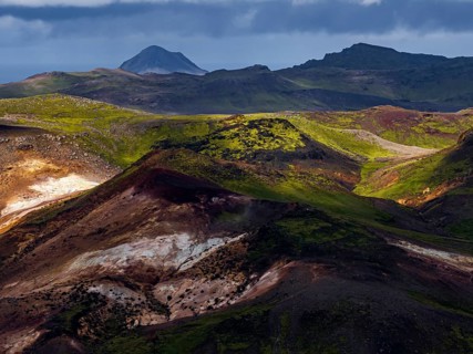 Volcanic landscape, mountains, cloudy, aerial view, summer, hot springs, Krysuvik geothermal area,