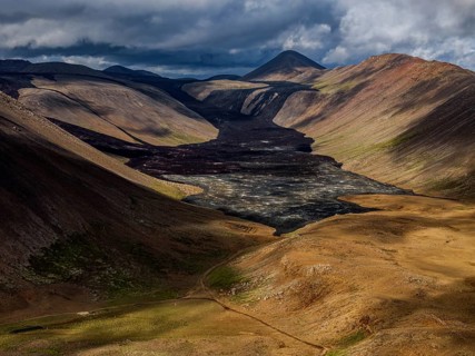 Lava, lava field, summer, cloudy, sunny, aerial view, Fagradalsfjall, Reykjanes, Iceland