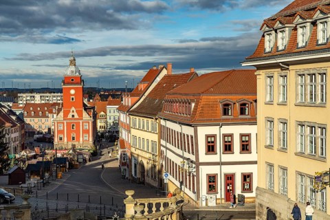 Main market square with the old town hall in Gotha, Thuringia, Germany