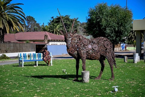 Oryx sculpture by the artist Shivute in the park on 8th Street, Oranjemund, Diamond Sperrgebiet,