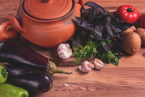 Clay pot, with ingredients, for cooking Chanakhi dishes, Georgian cuisine, no people