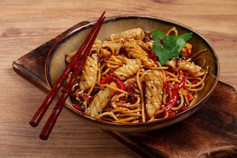 Udon noodles, with squid and vegetables, on a wooden table, homemade, no people
