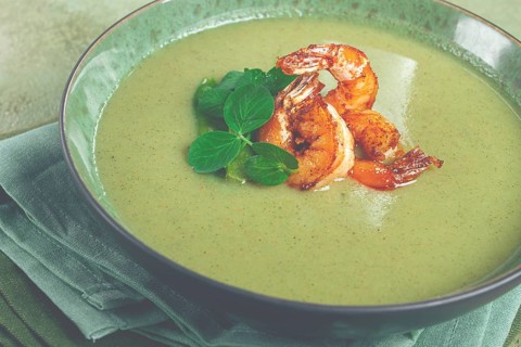 Pea cream soup, with shrimp, green soup, homemade, top view, no people