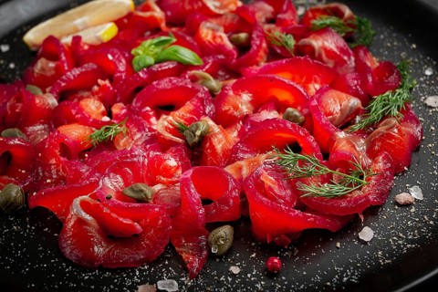 Salmon gravlax with beetroot, Scandinavian snack, beet gravlax, lightly salted fish, homemade, no