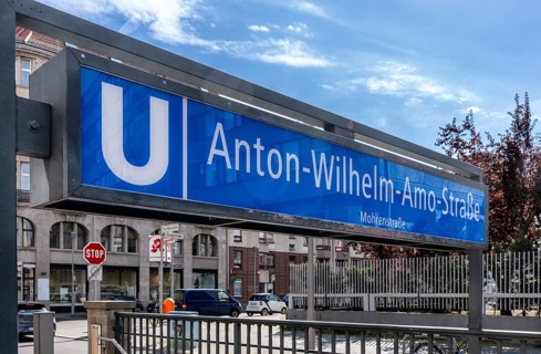 Anton-Wilhelm-Amo-Straße, entrance to the former underground station Mohrenstraße in Mitte, Berlin,