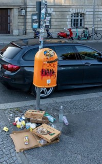 Urban rubbish, food waste at a wastepaper basket at the Bode Museum, Berlin, Germany