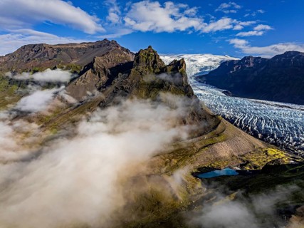 Glacier, glacier tongue, sunny, morning mood, mountains, fog, aerial view, summer, Kviarjökull,