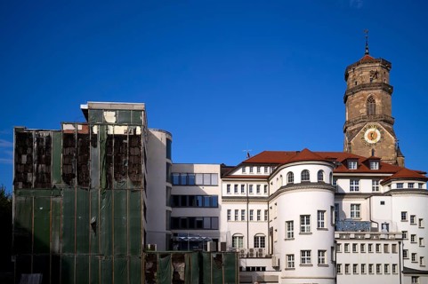 Construction site, controversial building project of René Benko's insolvent Signa company, logo,