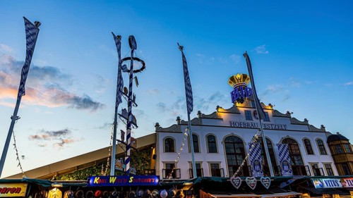 The Hofbräu marquee in the evening light, Festwiese, Theresienwiese, Oktoberfest, Munich, Upper