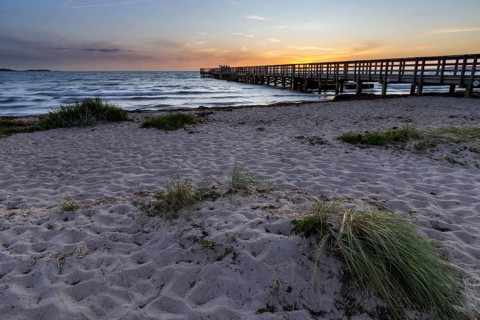 Spacious, empty beach with a pier, evening lighting, gentle sound of the sea, pier, Kobaek Strand,