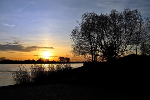 Sunrise at the ferry pier in Xanten, Lower Rhine, North Rhine-Westphalia, Germany