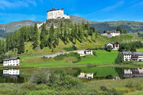 Tarasp Castle in the Lower Engadine above Lake Tarasp, Graubünden, Switzerland