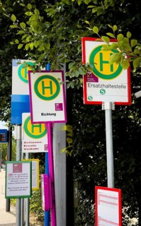 Many signs for rail replacement services due to construction work on Deutsche Bahn railway lines in