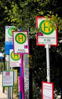 Many signs indicating rail replacement services due to construction work on Deutsche Bahn railway