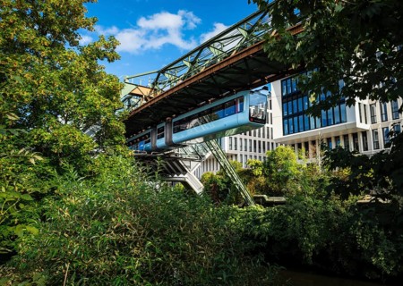 The Wuppertal suspension railway at Ohligsmühle station in Elberfeld, Wuppertal, Germany